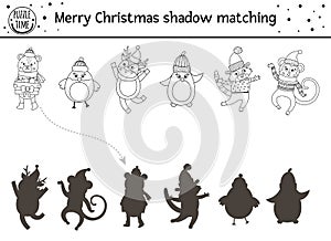 Christmas black and white shadow matching activity for children. Winter coloring page with cute animals. New Year educational game