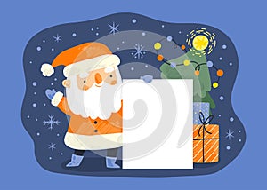 christmas blank banner with santa claus holding it vector design illustration