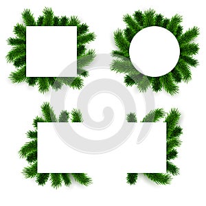 Christmas blank banners set decorated with green fir tree branches, vector illustration