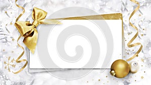 Christmas Blank gift greeting card ticket with shiny golden bow and balls, background with bright ribbons on bokeh lights and