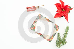 Christmas blank greeting card mock-up scene. Christmas decoration composition on white background with blank greeting card and