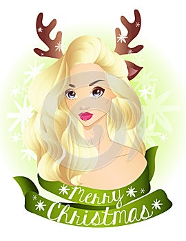 Christmas blonde girl wearing deer horns