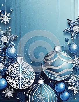 Christmas blue background with decoration balls snowflakes in handpainted style with 3D efffect