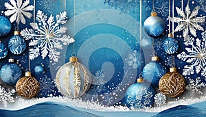 Christmas blue background with decoration balls snowflakes in handpainted style with 3D efffect