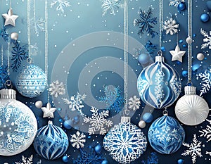 Christmas blue background with decoration balls snowflakes in handpainted style with 3D efffect