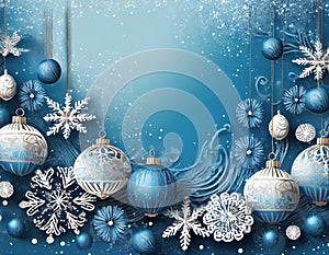 Christmas blue background with decoration balls snowflakes in handpainted style with 3D efffect