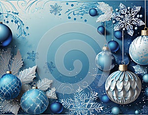 Christmas blue background with decoration balls snowflakes in handpainted style with 3D efffect