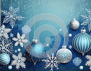 Christmas blue background with decoration balls snowflakes in handpainted style with 3D efffect