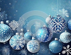 Christmas blue background with decoration balls snowflakes in handpainted style with 3D efffect photo