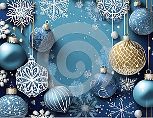 Christmas blue background with decoration balls snowflakes in handpainted style with 3D efffect photo