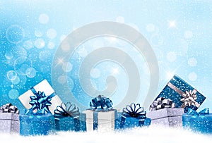 Christmas blue background with gift boxes