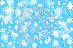 Christmas blue background with a lots of snow flakes and stars w