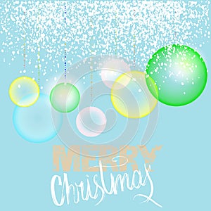 Christmas blue background with transparent colorful balls and elegant gold and white lettering. EPS10