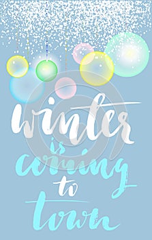 Christmas blue background with transparent colorful balls and elegant gold and white lettering. EPS10