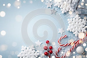 Christmas blue background. White snowflakes and holiday decoration top view. Happy New Year card