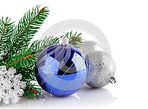 Christmas blue ball with branch firtree