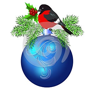 Christmas blue ball with bullfinch and spruce