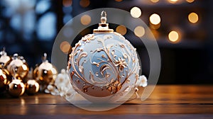 Christmas blue ball decorated with gold twig on.against the backdrop of sparkling garlands.