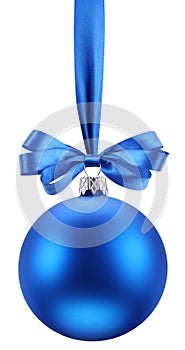 Christmas blue ball on the festive ribbon.