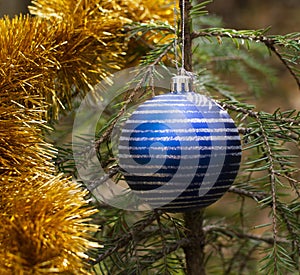 A Christmas blue ball with New Year`s decorations hangs on the branches of a Christmas tree, against a background of blurry trees