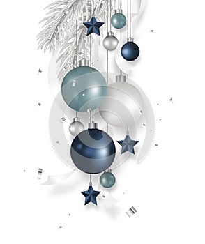 Christmas blue balls decoration with fir tree, ribbon, stars, confetti hanging isolated on white background. Xmas holidays.
