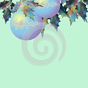 Christmas blue balls with fir branches and holly berries. Spheres shining with a holly branch for a holiday. Happy New Year card.