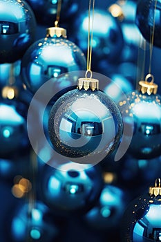 Christmas blue baubles close up. Abstract holiday decor background