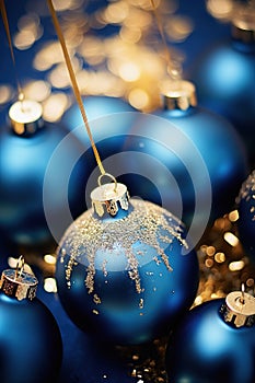 Christmas blue baubles close up. Abstract holiday decor background