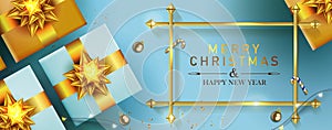 Christmas blue card, gift boxes, gold rectangular frame