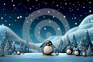 Christmas blue trees and penguins on blue background with bokeh effect