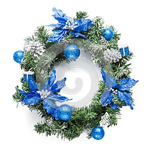 Christmas blue wreath isolated on white