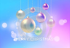 Christmas blurred pink and blue background with bauble. Vector illustration