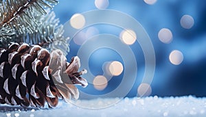 Christmas bokeh background with tree branches and snow, macro. Merry Xmas card with lights on blue snowy surface