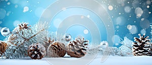 Christmas bokeh background with tree branches and snow, macro. Merry Xmas card with lights on blue snowy surface