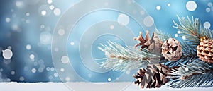 Christmas bokeh background with tree branches and snow, macro. Merry Xmas card with lights on blue snowy surface