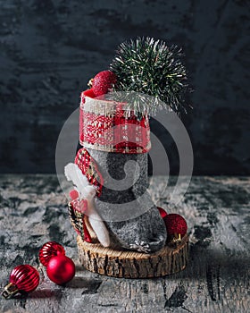 Christmas boot with red balls and tinsel, greeting card,