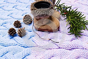 Christmas Boots Background. New Year Toy for christmas tree - shoes boots with fir branches, cones on soft blancket background. Ho