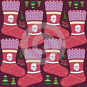 Christmas boots on a burgundy background with images of Christmas trees and sleighs.