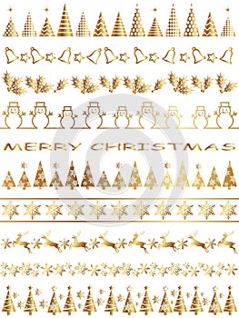 Set Of Christmas Gold Vector Borders With Variety Of Christmas Elements Isolated On A White Background.