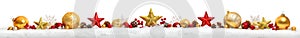 Christmas border or banner with stars and baubles, white backgro