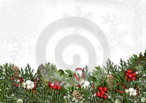 Christmas border with branches, mistletoe and holly on white