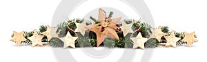 Christmas border with branches and star ornaments on white
