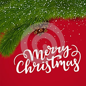 Christmas border card design with festive lettering, fir branch, fircone and snow on a red background.