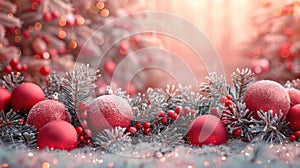 Christmas border decoration with pink and red baubles, frosted pinecones