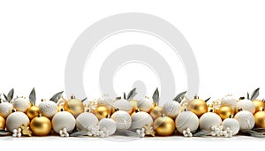 Christmas Border - evergreen branches with gold and white balls, snowflakes isolated on white. Christmas decoration. Generative AI