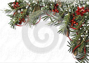 Christmas white background with holly, poinsettia, cone and firtree