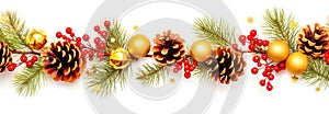 Christmas border with fir branches, cones and berries isolated on white background