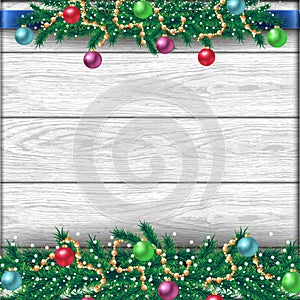 Christmas border with fir branches, accessories, ribbons and shiny balls. Vector illustration on white realistic wooden background