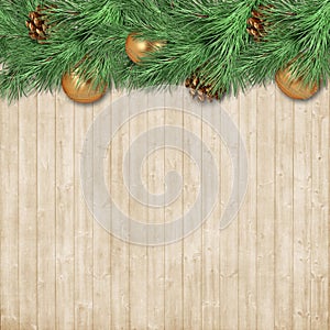 Christmas border with fir branches, gold balls and cones Ð¾n woo