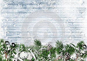 Christmas border with fir branches, jingle bells and snowfall. G